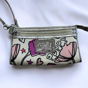 Coach Poppy Silver Trim Floral Wristlet in Pink & Purple